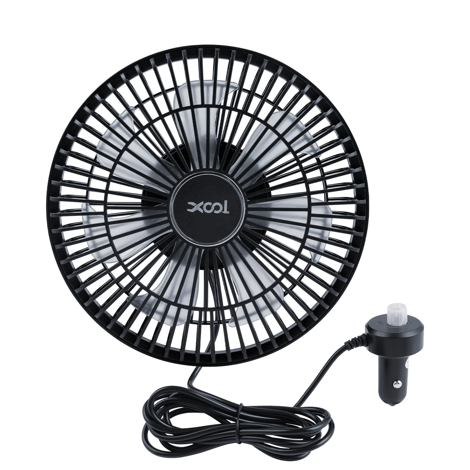 XOOL 9-inch 12V clip-on fan with 12V plug and cord, studio front view