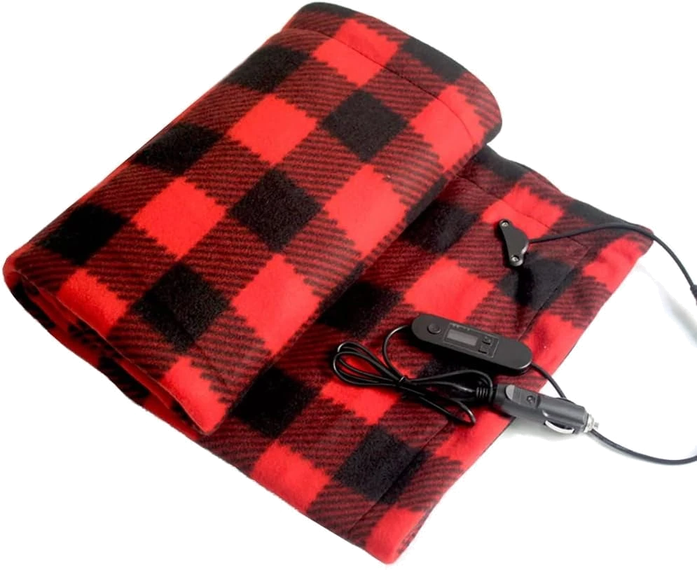 Akozon 12V Fleece Travel Throw in red buffalo plaid with 12V car plug and controller