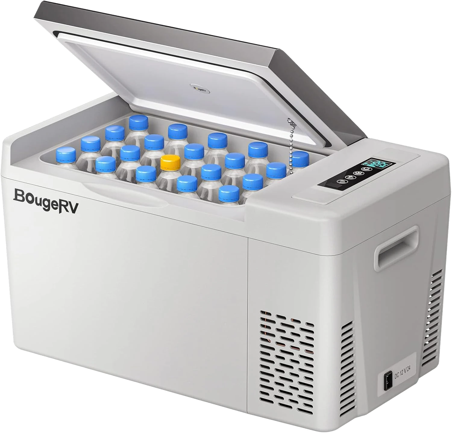 BougeRV 23 Quart 12V cooler with the lid open, holding bottles.