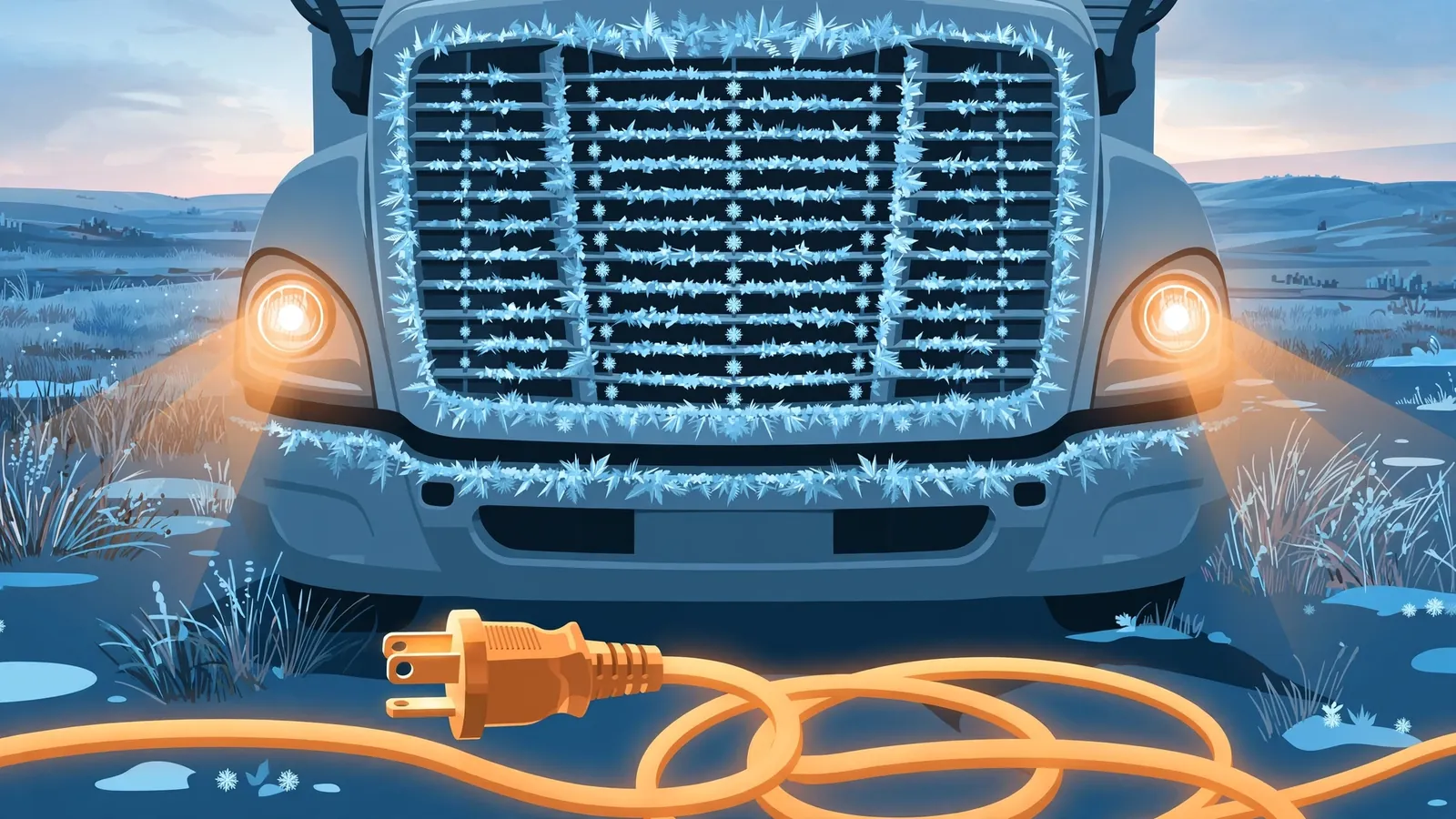 Editorial illustration of a semi truck plugged into shore power at a snowy rest stop with a battery blanket glowing under the hood