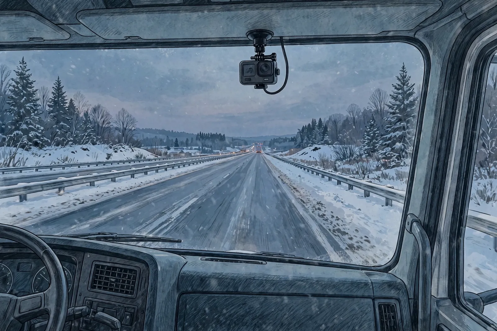 Dash cam on a truck windshield