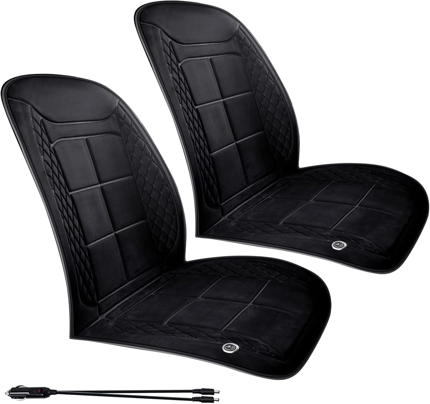 Generic 12V heated seat cushions, two black quilted seats with 12V plug, product photo