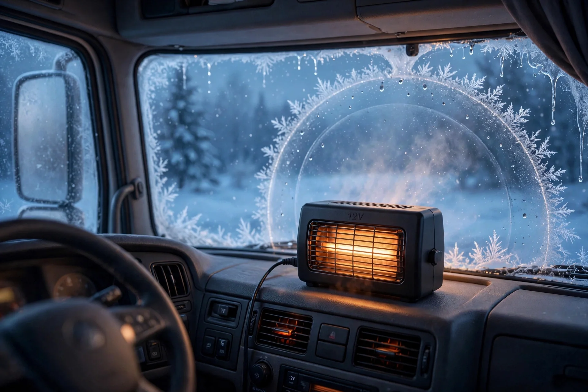 Illustration of a 12V dash heater defrosting a frosted truck cab