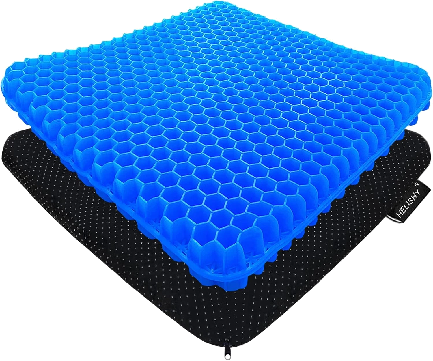 Helishy jumbo honeycomb gel cushion — blue TPE gel grid on a black non-slip cover