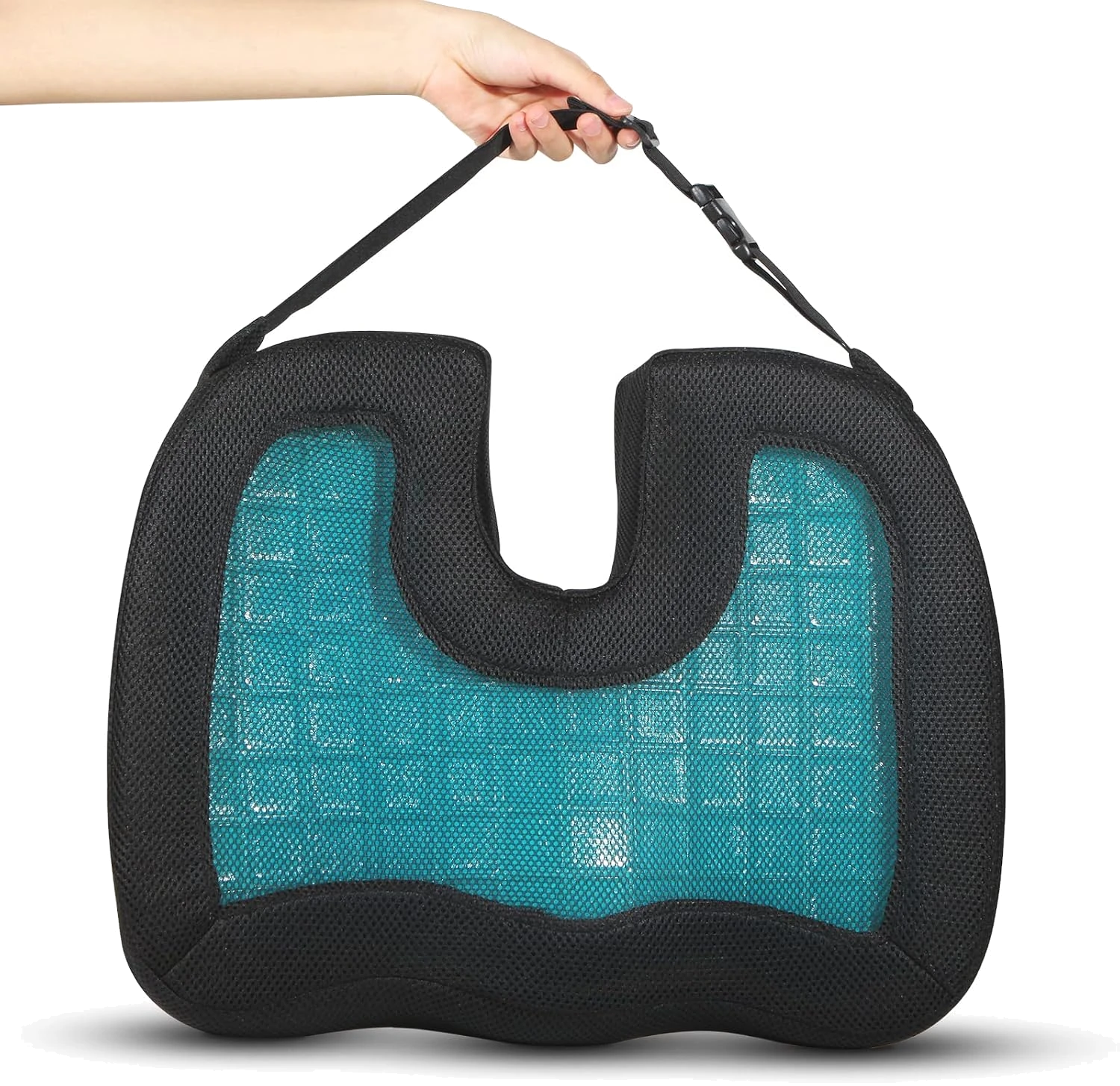 MargGona Gel Enhanced cushion — black mesh cover with teal gel layer visible through it and a tailbone cutout