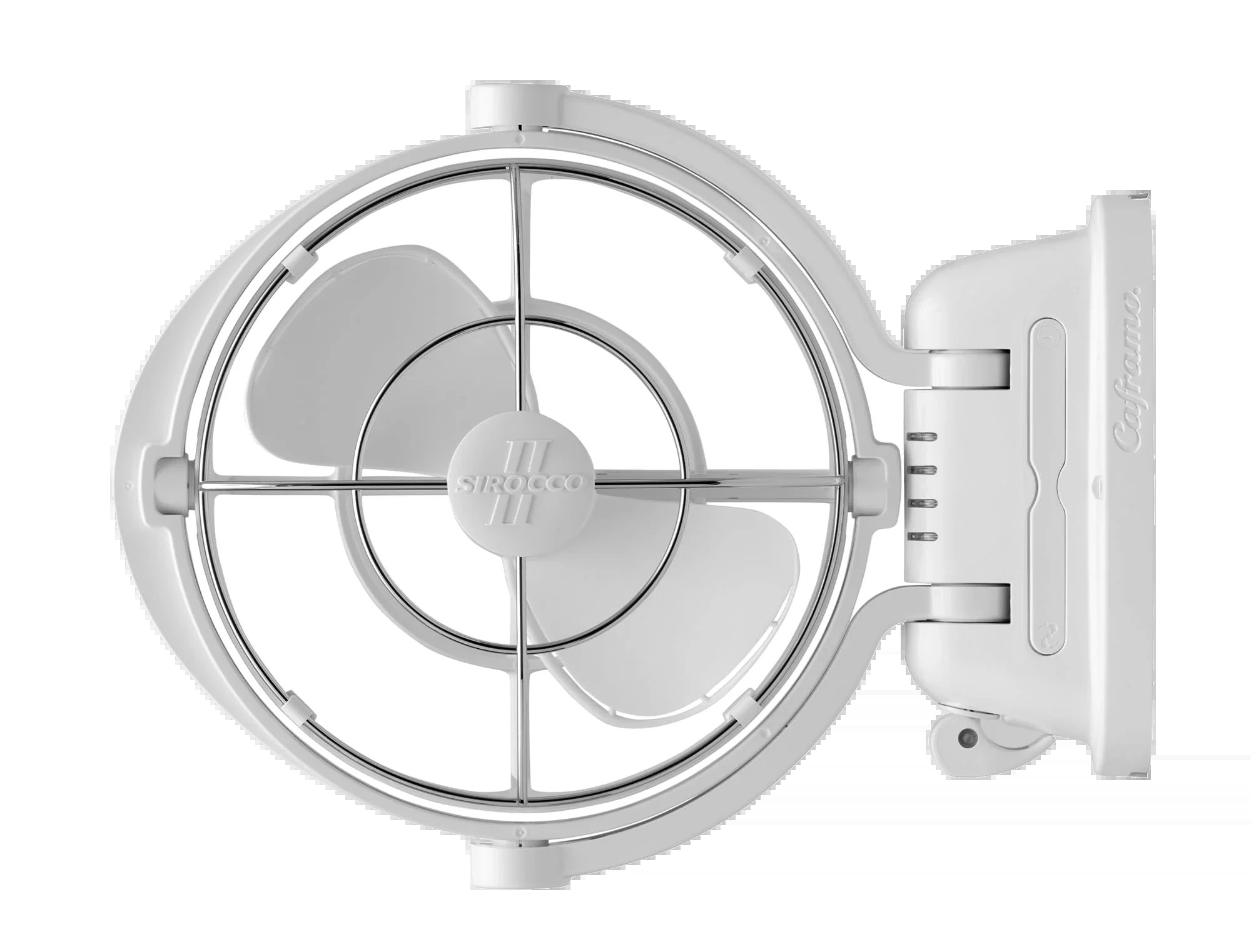 Caframo Sirocco II 12V fan, white gimbal-mount, studio front view