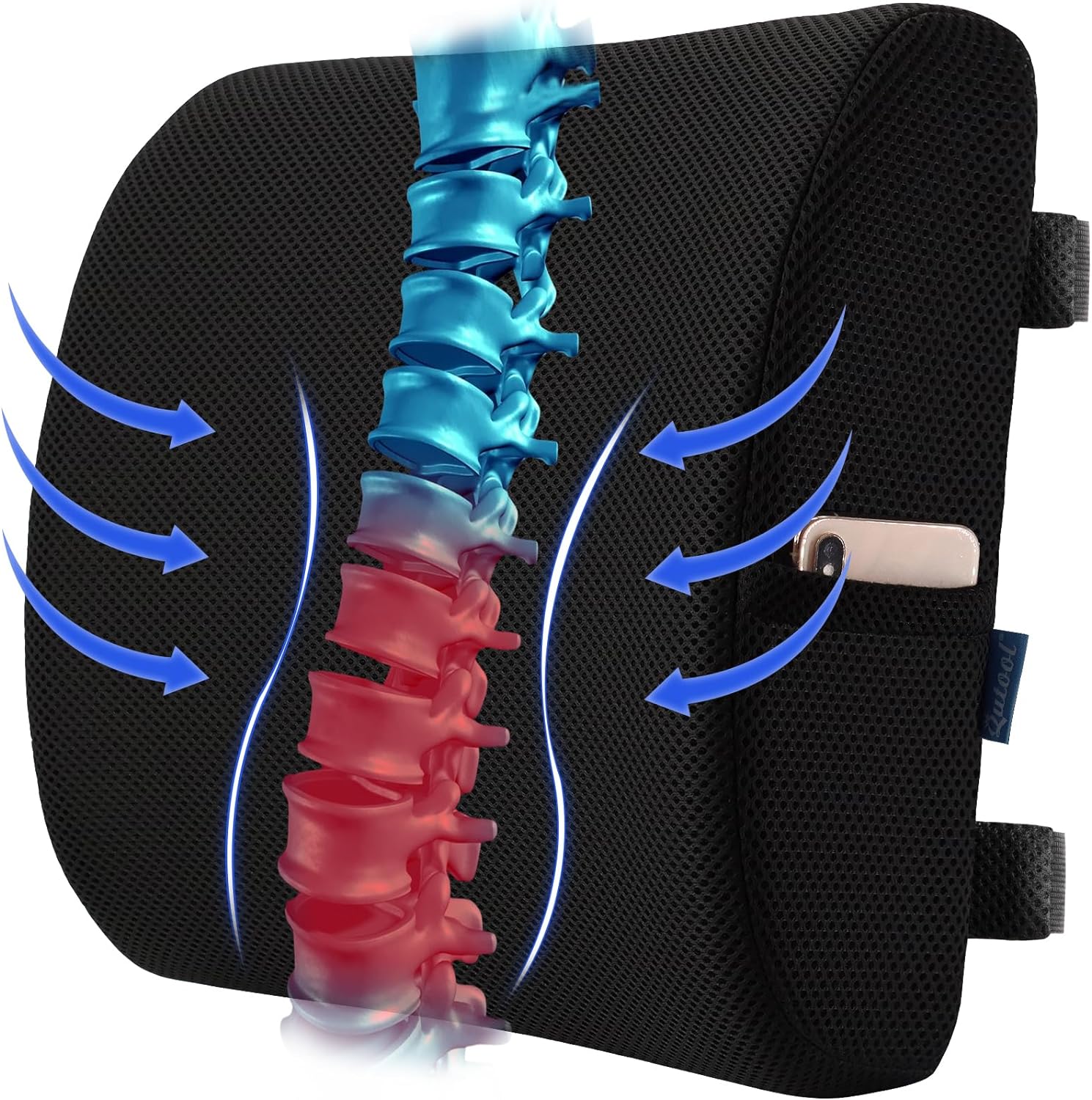 Qutool Memory Foam Lumbar Pillow — rectangular black 3D-mesh lumbar pillow with two adjustable straps