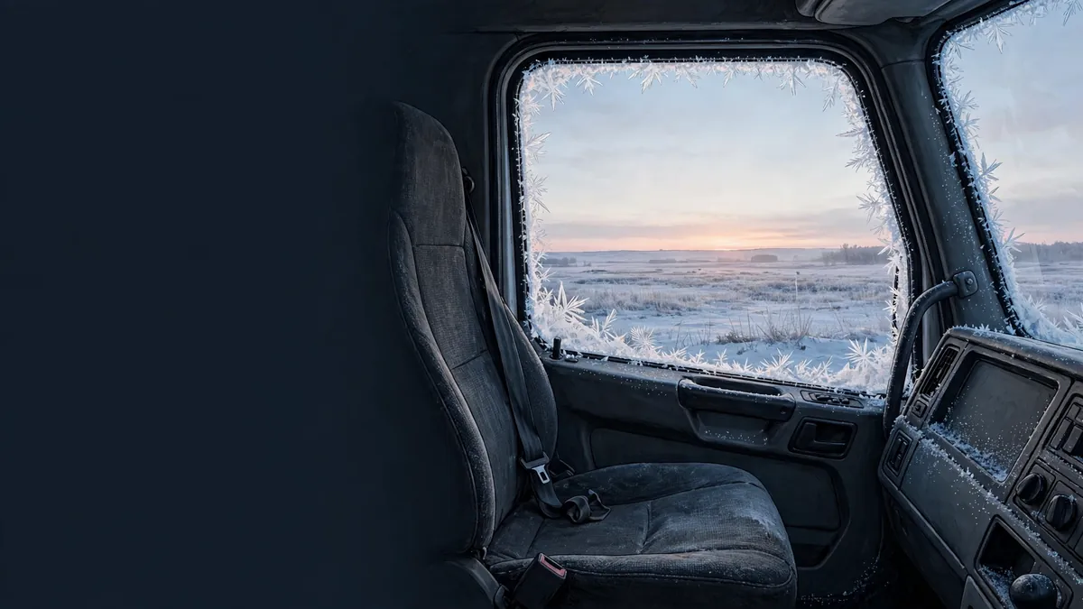 Frost on a truck cab window at sunrise over a snowy field
